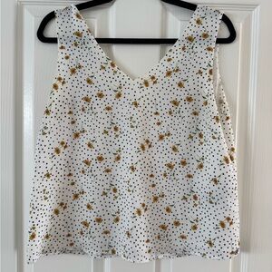 White V-Neck Tank Top with Yellow Floral & Black Dot Print